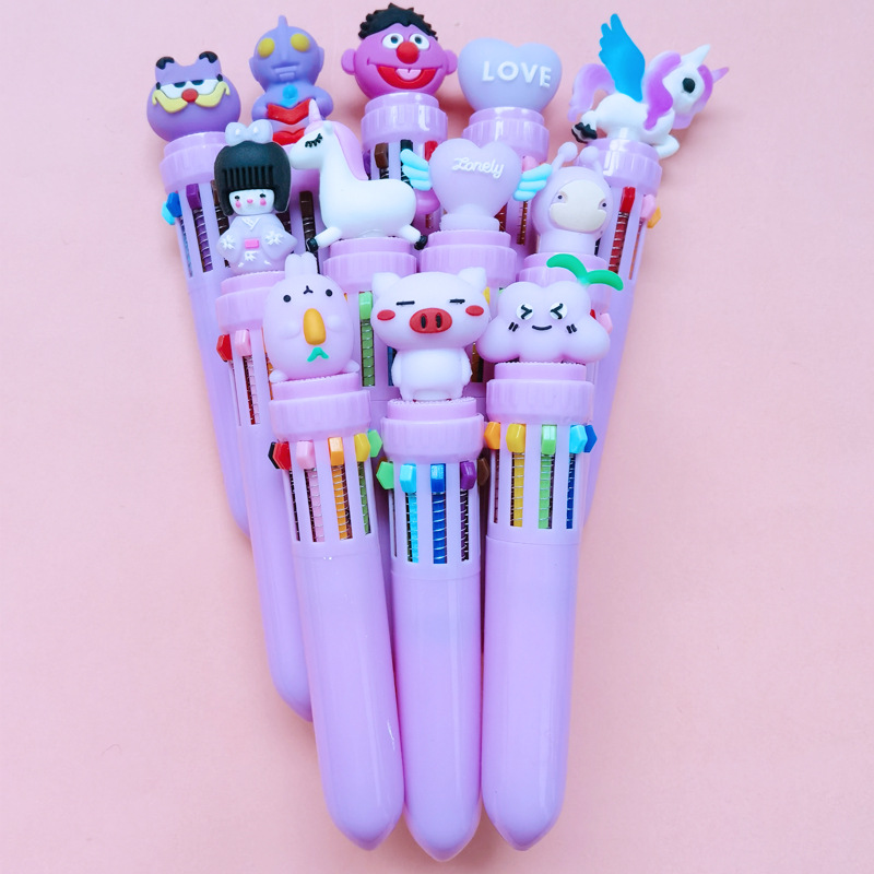 Creative Stationery Ten-Color Ballpoint Pen Girl Heart Cartoon Multi-Color Push Pen Student Journal Graffiti Marker Pen Wholesale