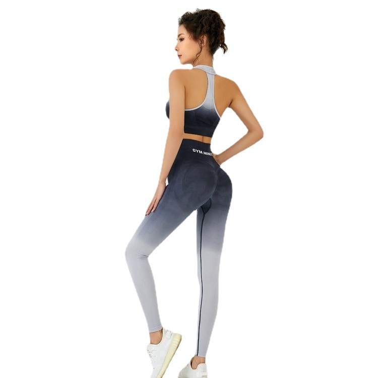 Gradient Yoga Suit Women's Belly Button Hiding High Waist Fitness Pants Vest Sports Underwear Indoor Fitness Suit Nylon