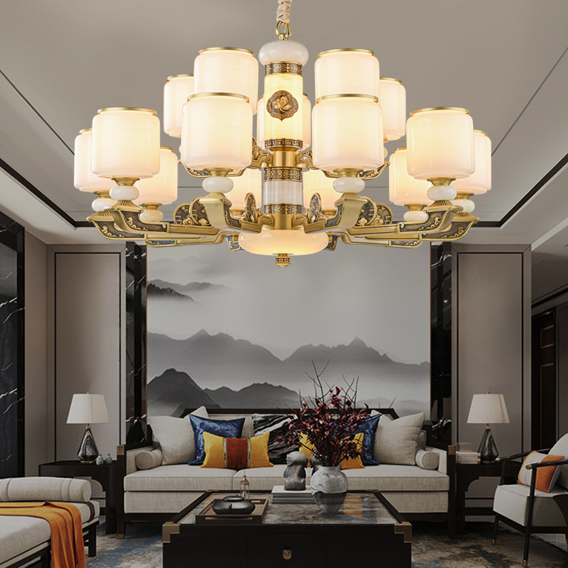 全铜新中式吊灯客厅玉石灯餐厅卧室灯复式楼简约大气别墅大吊灯饰
