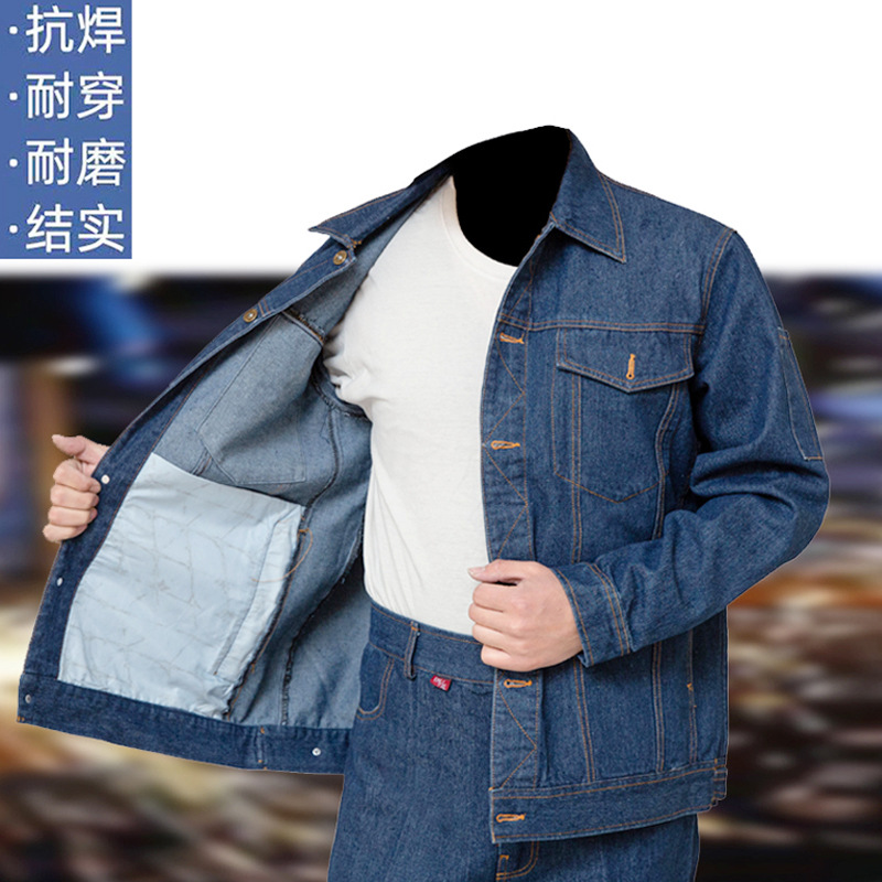 Spring and Autumn Thickened Denim Labor Protection Clothing Welder Work Clothes Reflective Stripe Suit Workshop Warehouse Factory Wholesale