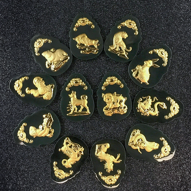 足金十二生肖墨玉金镶玉鼠牛虎兔龙蛇马羊猴鸡狗猪吊坠属相本命年