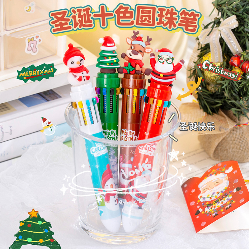 cartoon christmas ten-color ballpoint pen multi-color in one color pencil wholesale primary school gift press signature ballpoint pen