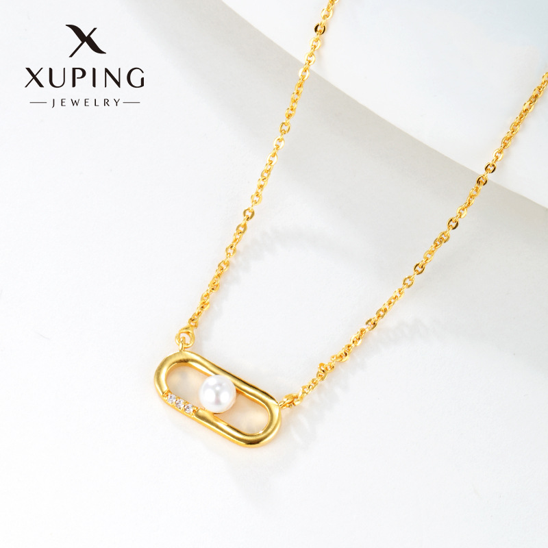 Xuping Jewelry Gold Oval Imitation Pearl Simple Geometric Clavicle Chain European and American Niche Temperament Necklace Ornament Women