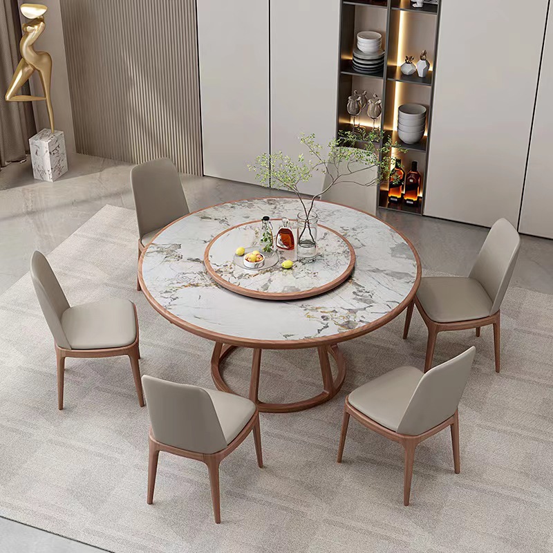 转盘餐桌意式轻奢实木饭店餐厅岩板圆桌原木诧寂风圆形小户型饭桌