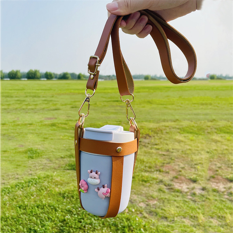 加长肩带皮革杯套 可拆卸背带保温杯水杯套 户外斜跨手提皮套杯套