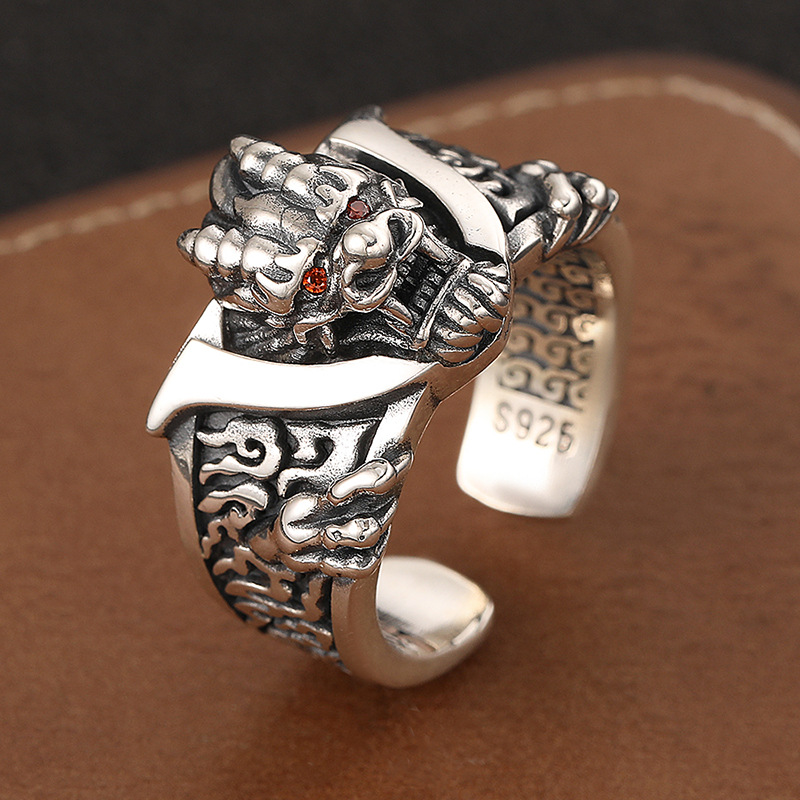 s925纯银霸气龙头戒指男复古国潮火焰龙纹食指戒轻奢重工开口指环