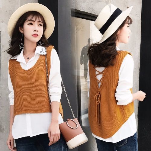 新款v领毛衣马甲女韩版毛线背心短款套头宽松无袖针织衫坎肩九色