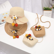 小清新儿童夏季新款草帽单肩包两件套女童花朵系绳沙滩太阳帽包包