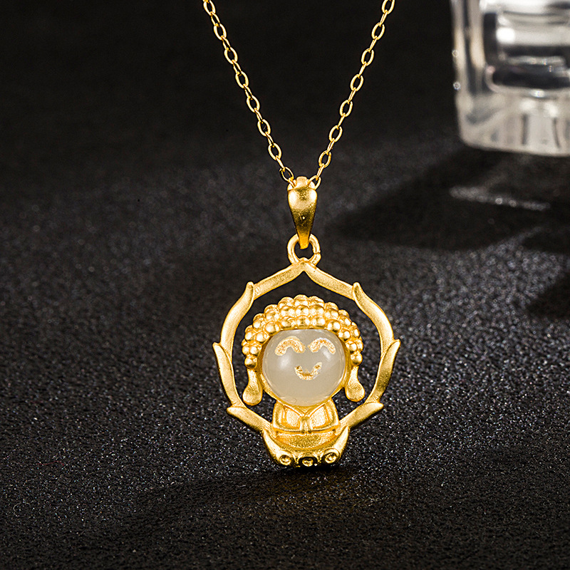 s925纯银小沙弥无相佛项链 天然和田玉法古金网红直播玉坠首饰品