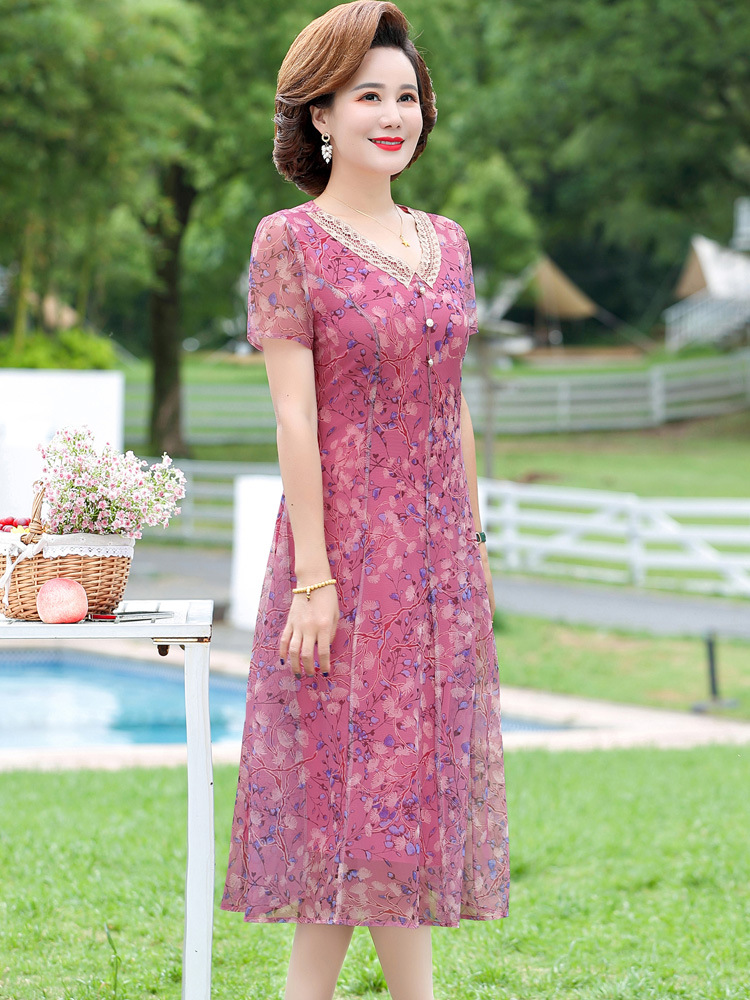 Middle-Aged and Elderly Women's Summer Floral Dress Mother Noble New Middle-Aged Temperament Short Sleeve Western Style Chiffon Skirt