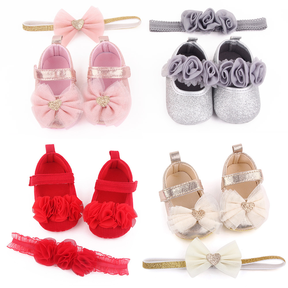 Princess Shoes for Baby Cute Headdress Flower Suit Soft Bottom Toddler Shoes Baby Shoes Headband Hair Band 2-Piece Set