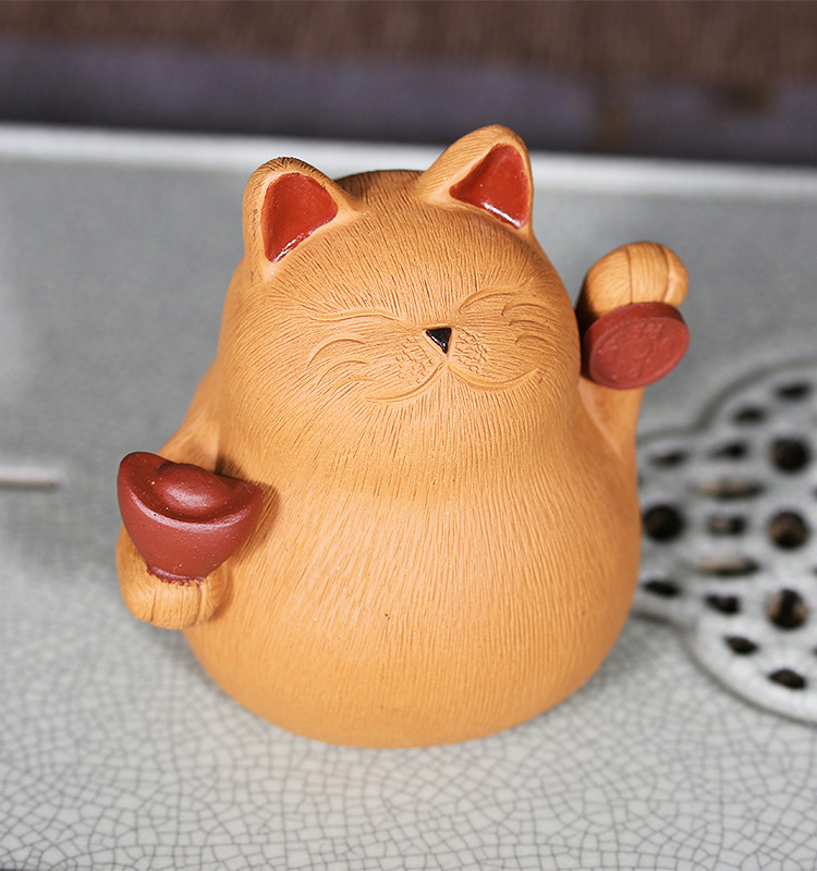 宜兴紫砂茶宠精品招财猫雕塑摆件功夫茶具配件创意款可养自产自销