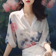 新中式女装中国风蓝色印花醋酸短袖衬衫2024新款高端上衣