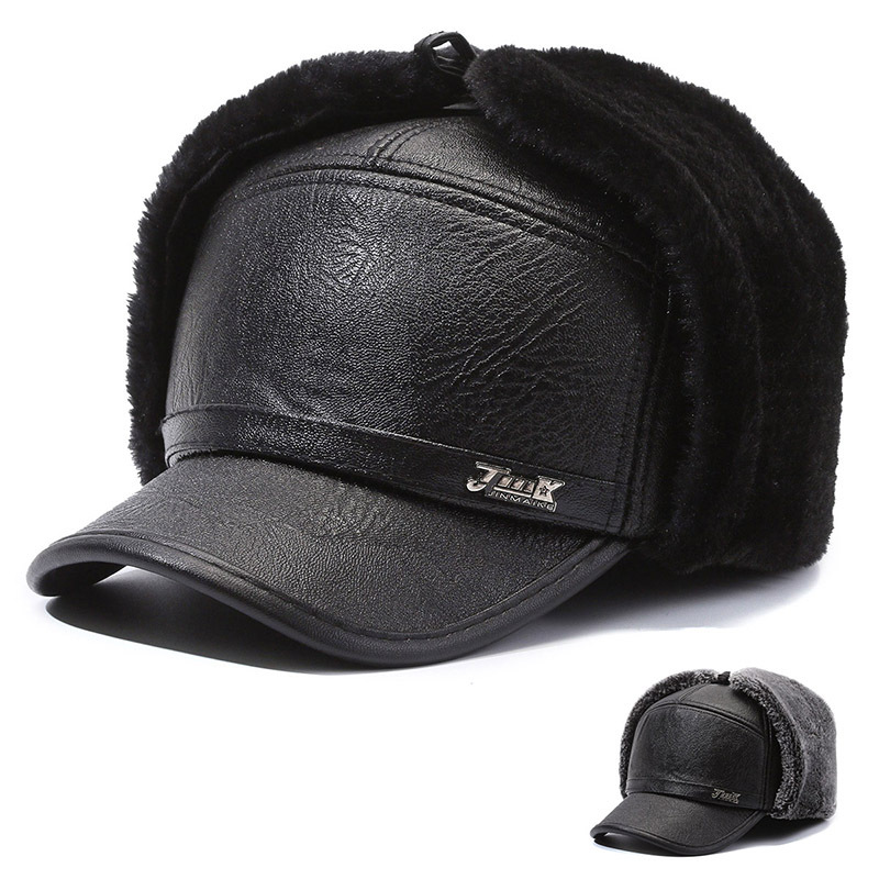 Winter New Men's Peaked Cap Winter Elderly Thickened Earflaps Baseball Cap Thermal Cotton Hat Middle-Aged and Elderly Poly Urethane Leather Cap