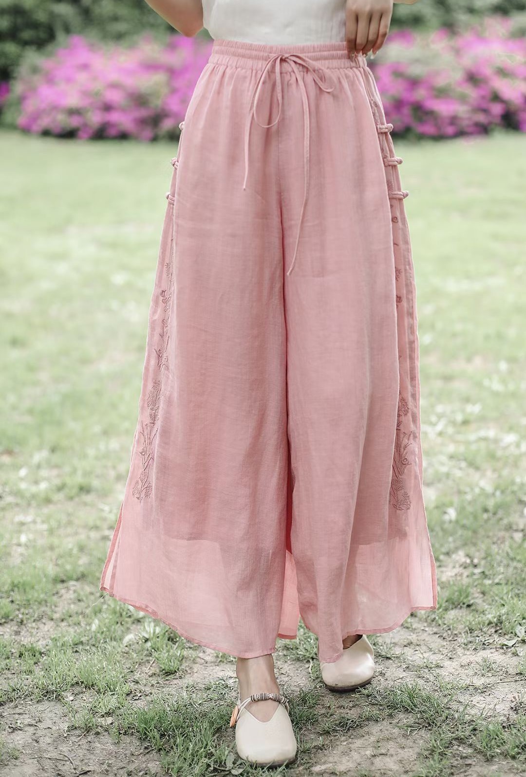 100苎麻双层阔腿裤 2024夏季新款 侧边刺绣盘扣飘逸休闲裤女8896