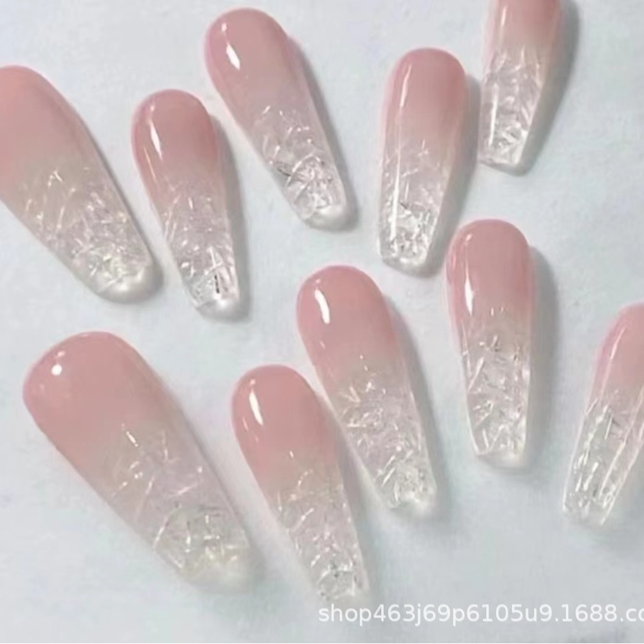 清纯风粉色渐变仙女网红简约琉璃脆碎玻璃穿戴甲可拆卸美甲-阿里巴巴