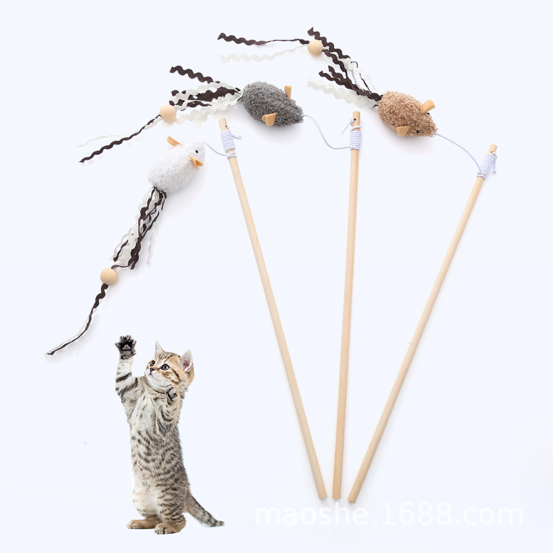 宠物猫咪玩具毛绒老鼠织带尾巴木珠木杆逗猫棒互动钓猫杆啃咬磨爪