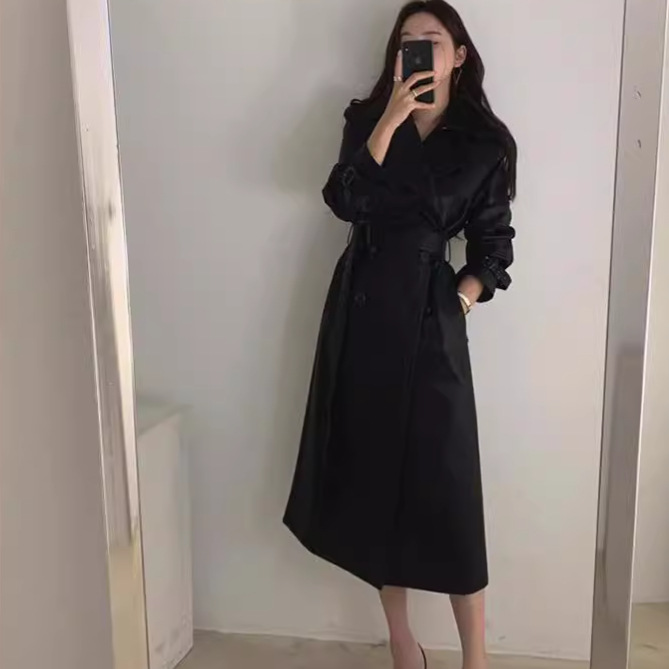 ins韩系黑色中长款过膝pu皮衣风衣2023新款女秋冬修身外套大衣