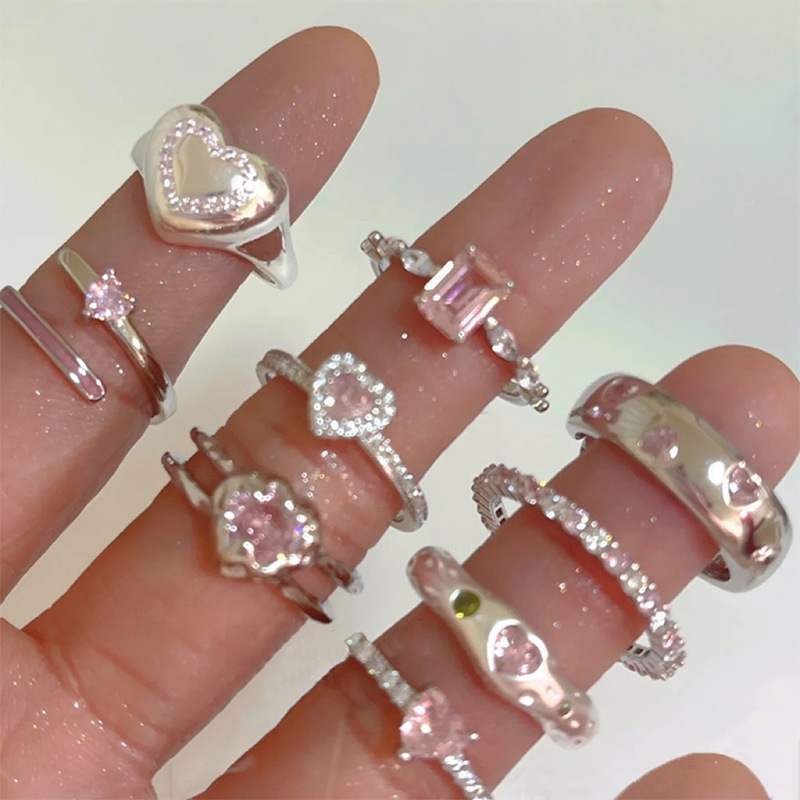 Pink Zircon Ring Collection ~ High Sense Bling Open Ring Female Special-Interest Design 2023 New Index Finger Ring