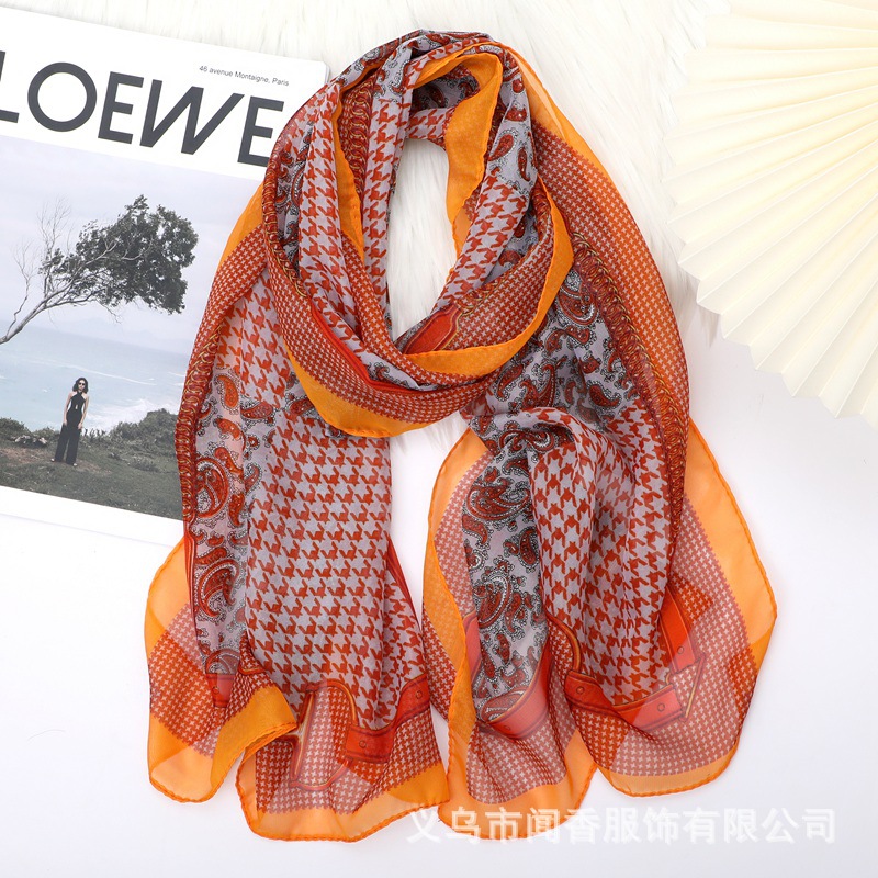 New Chiffon Silk Scarf Houndstooth Cashew Printed Scarf Spring and Summer Sunscreen Scarf Autumn and Winter Neck Protection Scarf Thin Silk Scarf