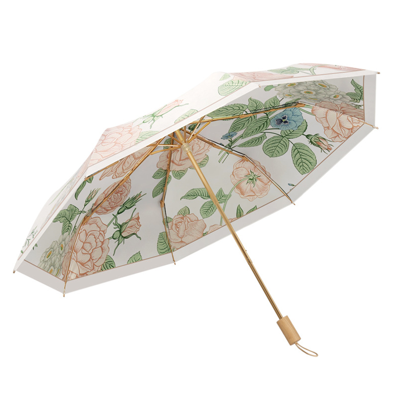 New Hand Open Two-Color Double-Sided Vinyl Floral Umbrella Three Fold Parasol Retro Sunny and Rainy Dual-Use