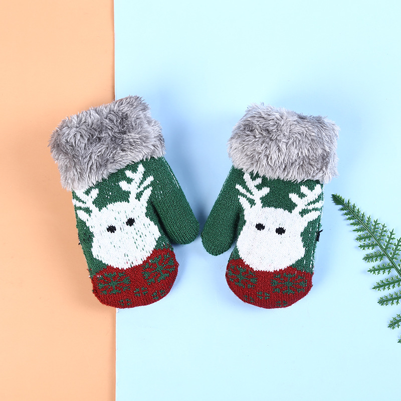 Winter New Baby Fleece Lined Padded Warm Gloves Children's Gloves Christmas Elk Knitted Gloves