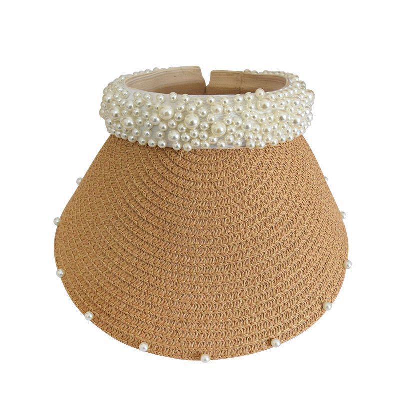 2023 New Straw Hat Women's Summer Handmade Pearl Beach Grass Topless Hat Women's Sun Hat Korean Style Internet Famous Hat