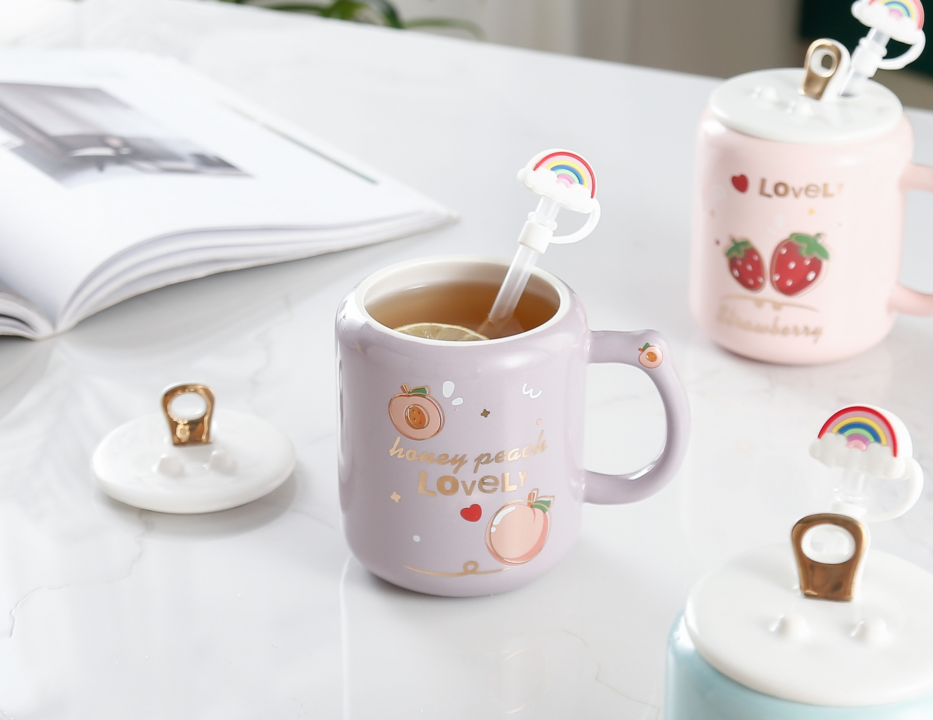 Creative Fruit Cans Ceramic Cup with Straw Good-looking Cute Mobile Phone Holder Water Cup Gift Wholesale Mug