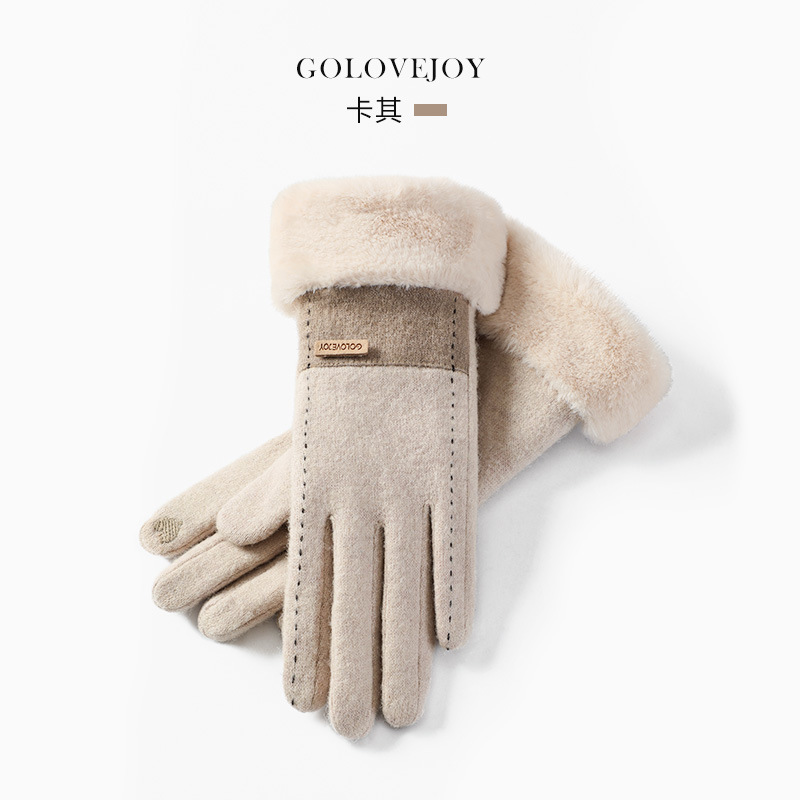 Autumn and Winter Wool Gloves Women's Fleece-lined Thickened Winter Riding Windproof Touch Screen Warm-Keeping and Cold-Proof Cashmere Gloves