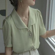 浅绿法式雪纺衬衫女夏季新款设计感小众通勤时尚短袖衬衣宽松显白