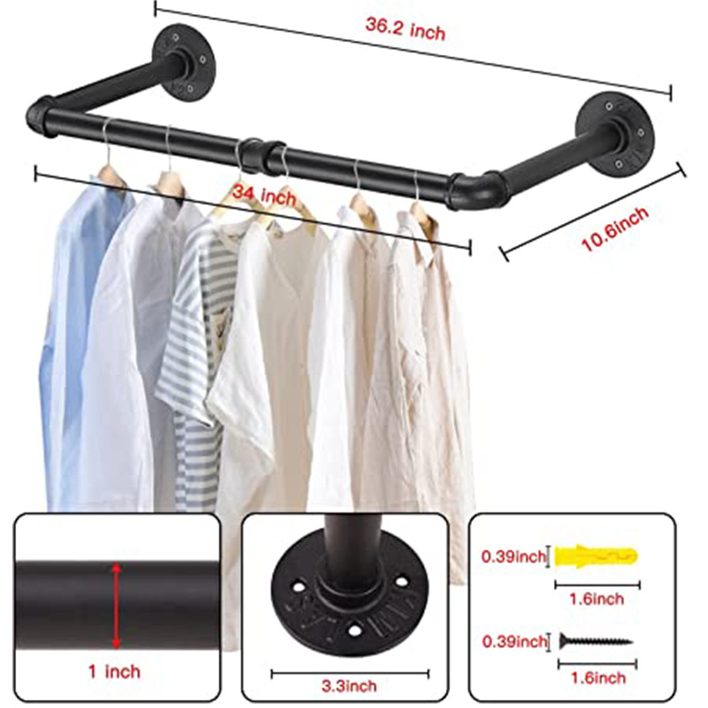 Cross-Border American Wall Hanging Clothes Hanger Industrial Style Iron Water Pipe Clothing Rack Wall Black Multi-Functional Display Hanging Rod