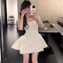 杏色方领吊带连衣裙女春法式初恋清纯收腰短裙子休闲女波点印花女