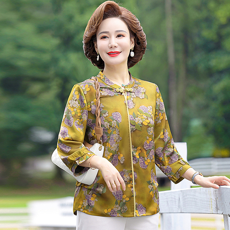Middle-Aged Mom Spring Wear Artificial Silk Top Spring and Summer Mid-Sleeve T-shirt Middle-Aged and Elderly Women's Summer Youthful Undershirt New