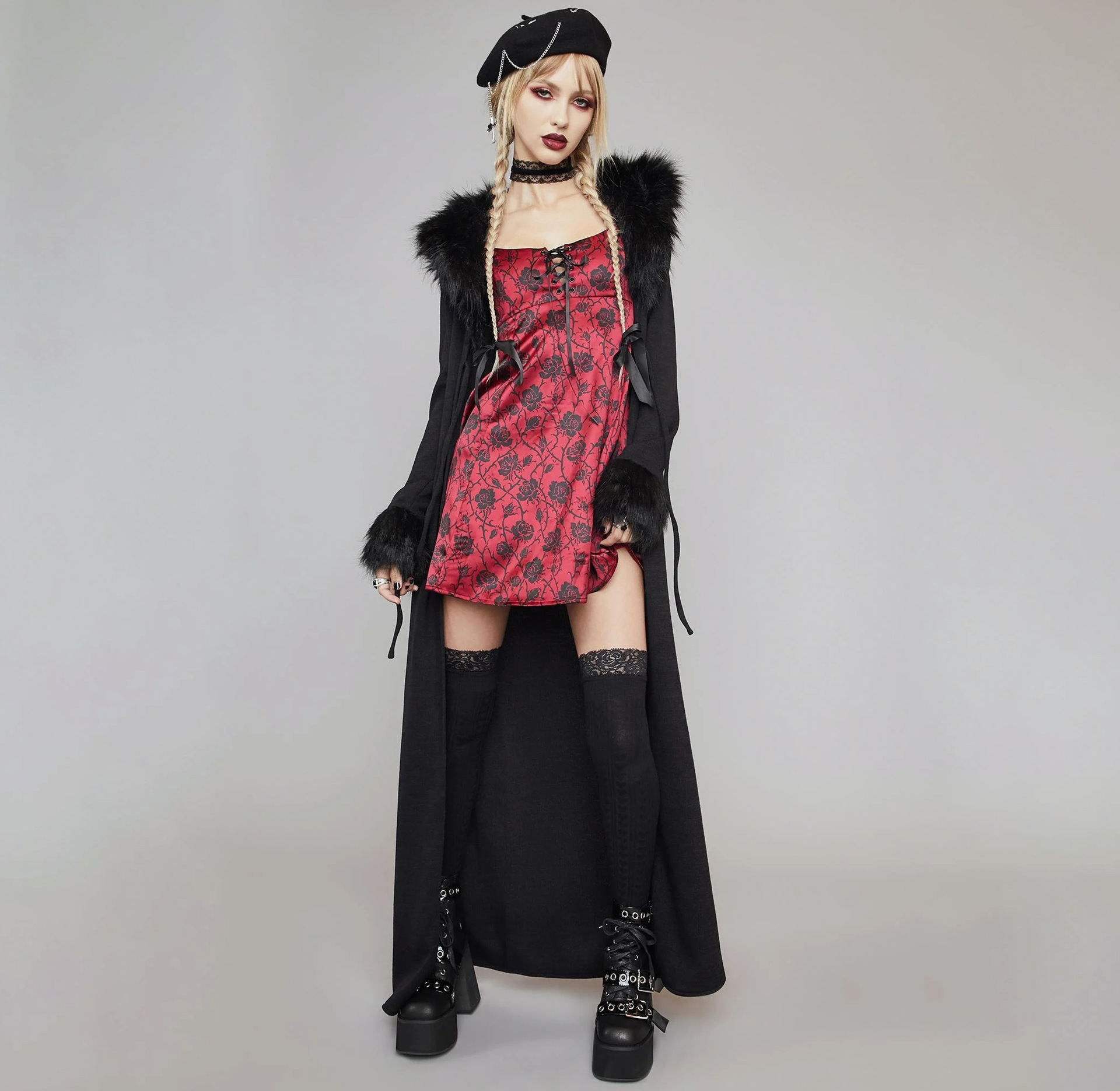 暗黑红色玫瑰吊带裙气质闲短裙哥特风无袖高腰红色玫瑰额印花女装