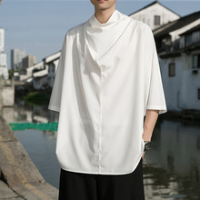 2023夏季新款中国风男装纯色山本风冰丝小众设计高堆领短袖t恤男