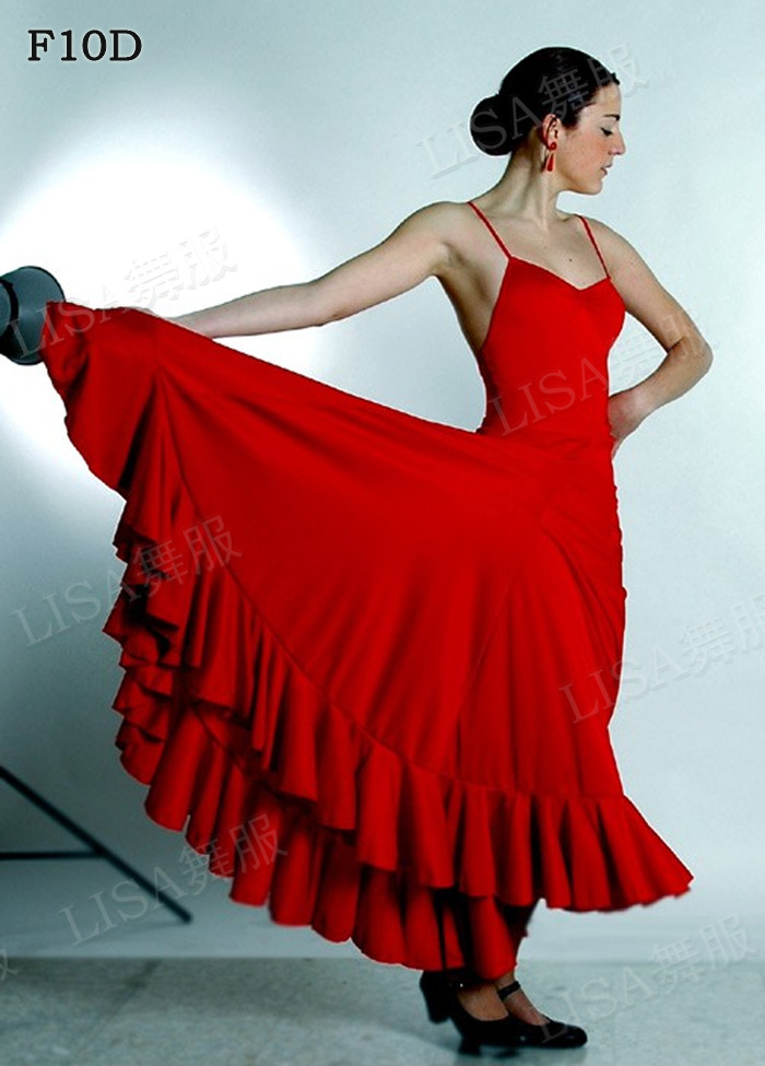 单层荷叶边弗拉明戈舞裙大摆摩登舞练习裙肚皮舞西班牙斗牛舞红裙