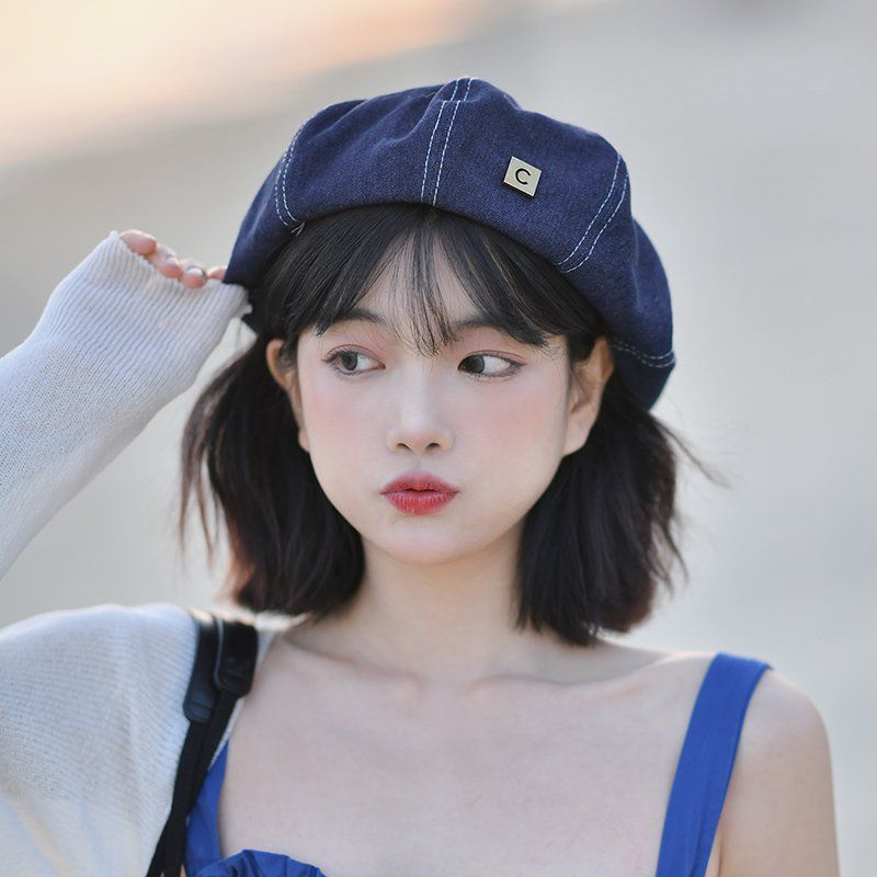 新款牛仔布圆顶c标贝雷帽子女青年百搭休闲画家帽日系ins贝雷帽