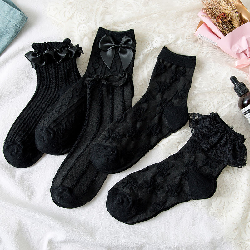 3双装黑色花边袜子女jk制服日系中长筒袜ins潮洛丽塔春秋季款学生