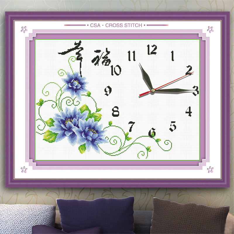 十字绣钟表线绣时钟幸福花开新款闹钟客厅现代挂钟创意刺绣时间绣-阿