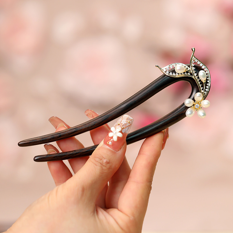 黑檀木古风流苏发簪珍珠双钗u型木簪子盘发头饰汉服复古发饰批发