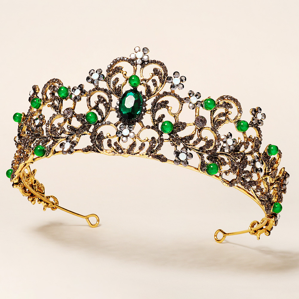 巴洛克新款合金头饰宴会派对王冠蛋糕装饰创意复古绿宝石新娘皇冠