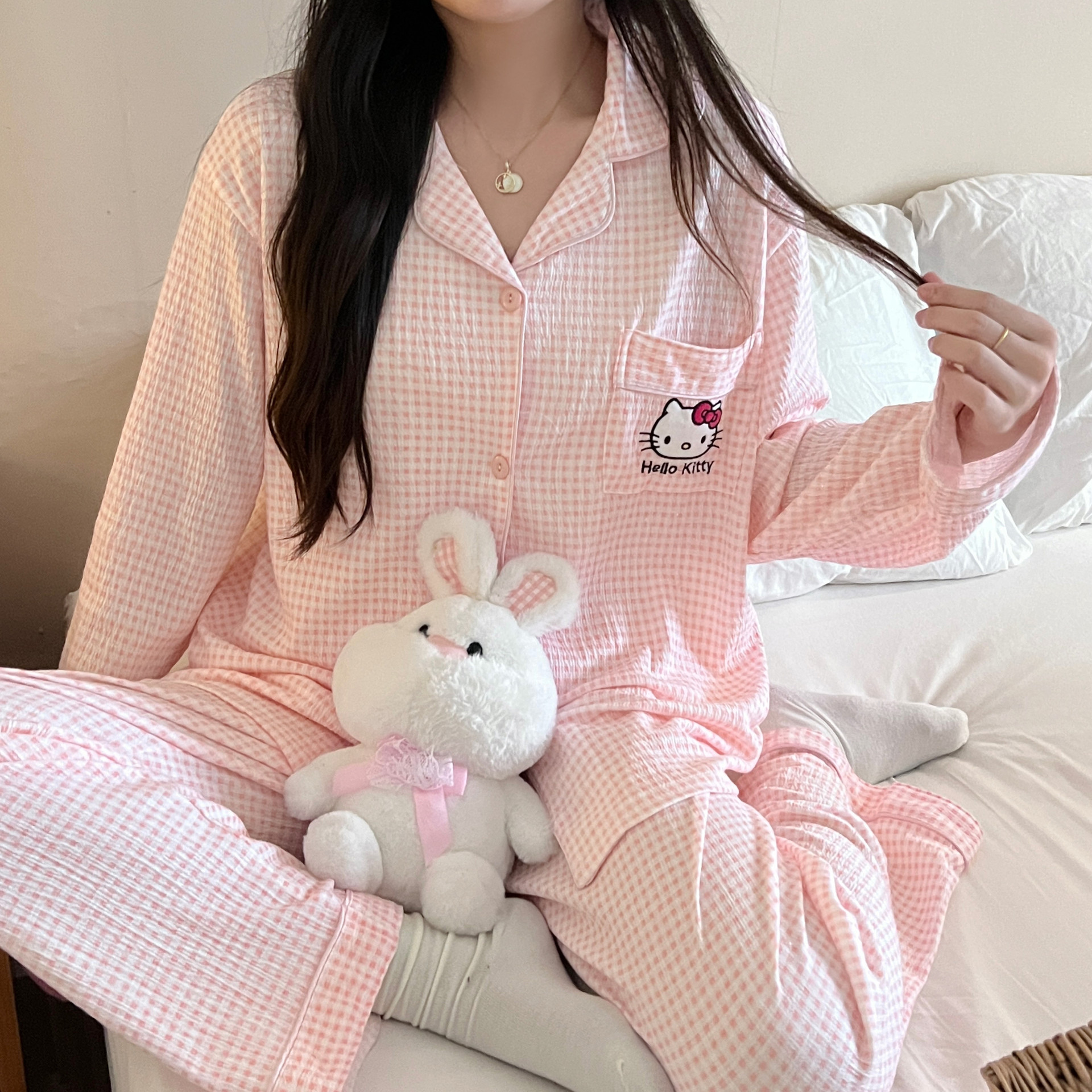 女生睡衣可爱俏皮秋冬长袖套装舒适棉睡衣家居服套装 ins开衫睡衣