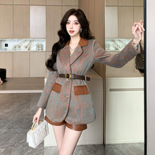 高品质韩版冬装新款夹棉保暖气质毛呢西装外套+皮短裤两件套装女