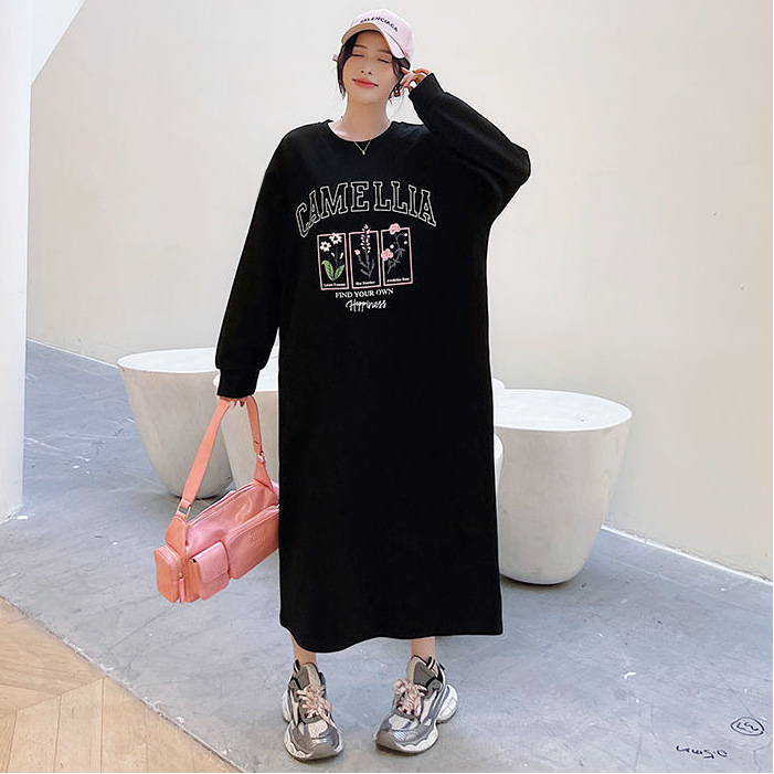牛奶丝复合贝贝绒口袋冬季加绒超大码跨境外贸圆领开叉女连衣长裙