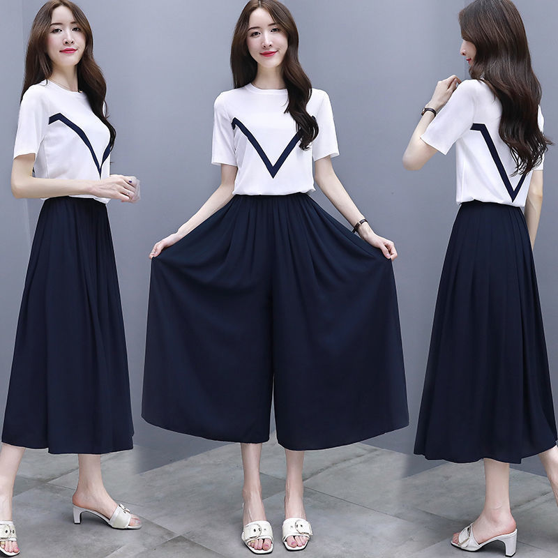 套装女短袖t恤 裙裤2022夏季新款裤裙两件套时尚阔腿裤套装女批发