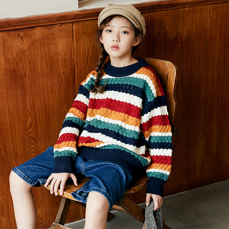 儿童毛衣2021秋装中大童男孩女孩新款韩版麻花纹彩条线衣批发代发