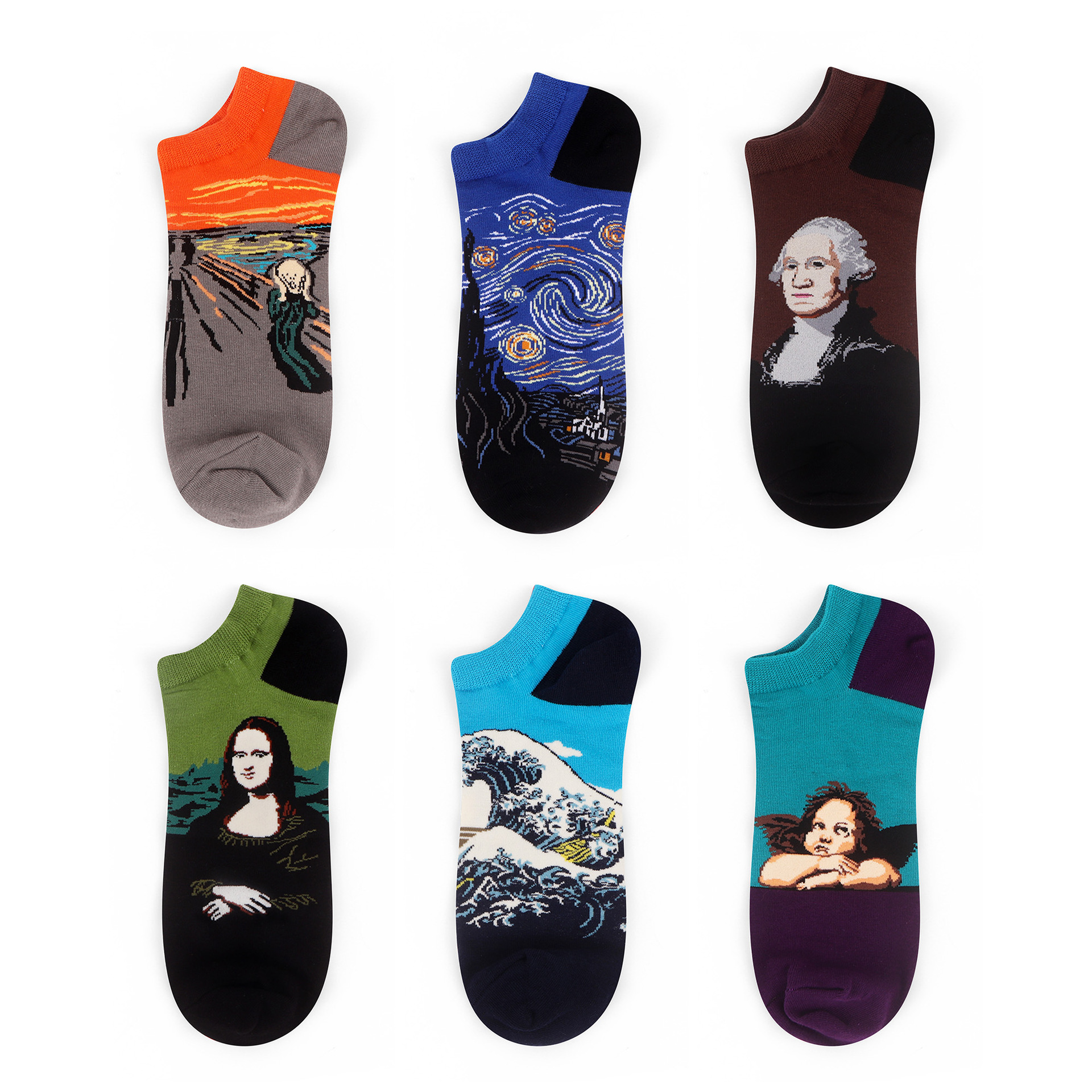 跨境现货百搭短款袜子男油画系列人物多彩个休闲短袜男士袜子批发