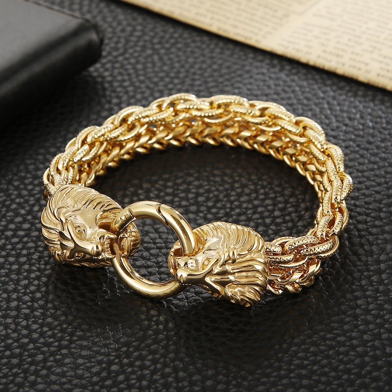 韩版跨境电商狮子头手链 双层不锈钢时尚手环男士钛钢复古手链