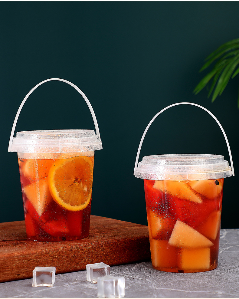 加厚手提水果茶桶1000ml奶茶水桶杯1l奶茶杯手提水果杯奶茶手提桶
