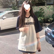 夏季新款短袖T恤女学生韩版宽松美式复古字母撞色百搭ins上衣服女